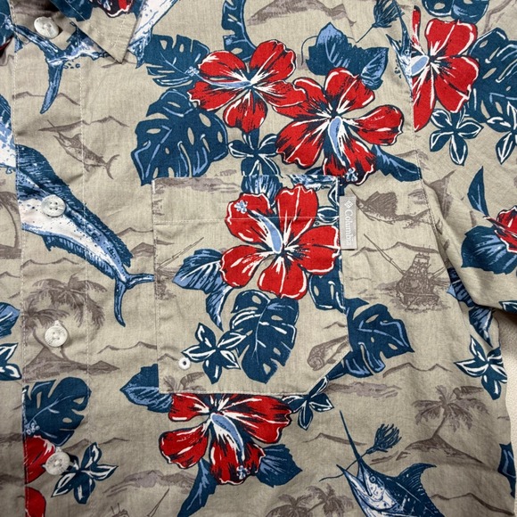 Columbia PFG Mens Medium Marlin Mahi Hibiscus Tropical Fishing Shirt Blue Red - Picture 5 of 8